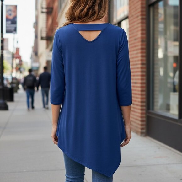 Kate & Mallory Asymmetric Hem Cutout Back Tunic Top Sz L Blue #188H - Picture 4 of 10